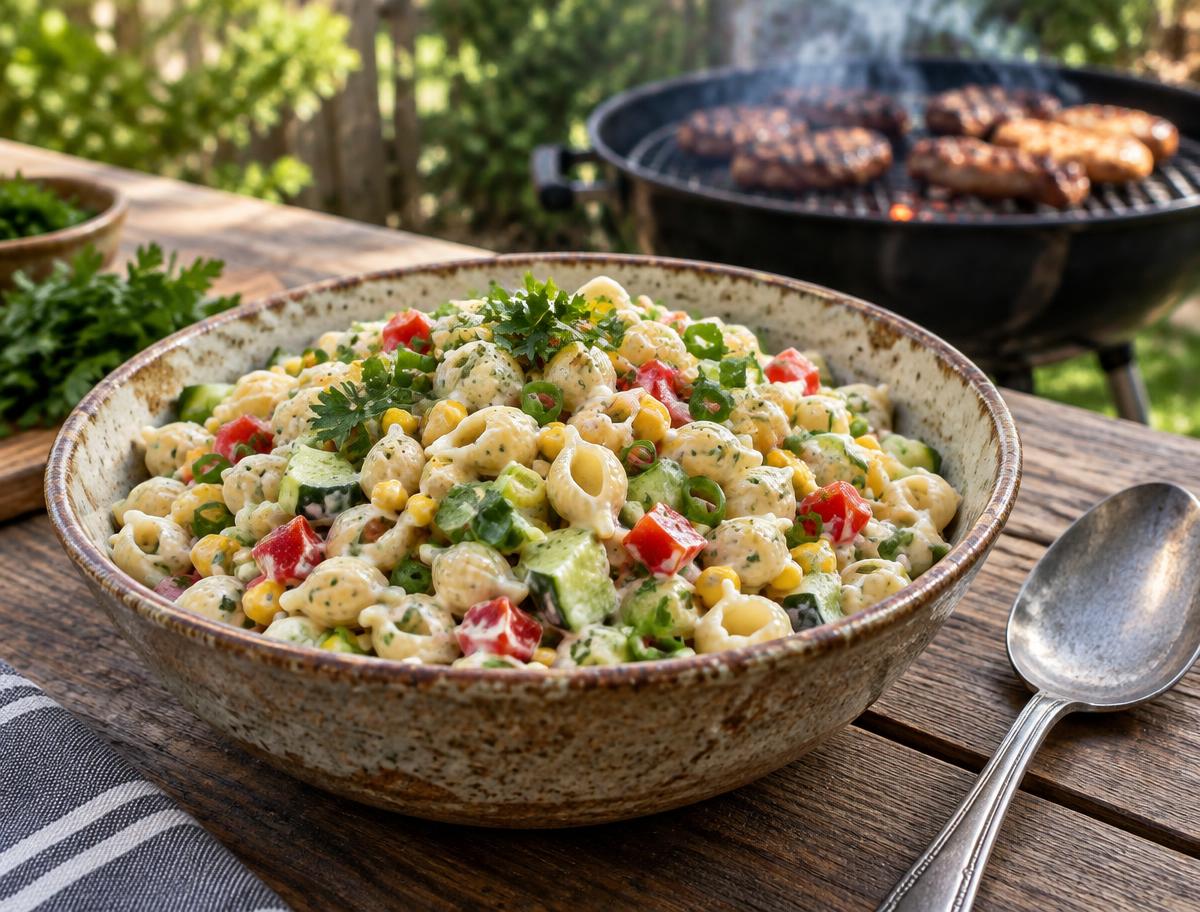 Braai Pasta Salad – homemade traditional South African recipe, plated and ready to serve