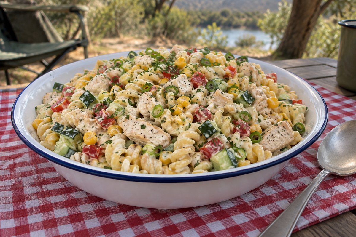 Chicken Pasta Salad – homemade traditional South African recipe, plated and ready to serve