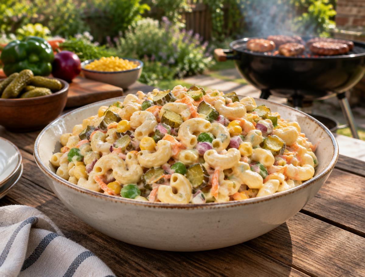 Macaroni Salad – homemade traditional South African recipe, plated and ready to serve