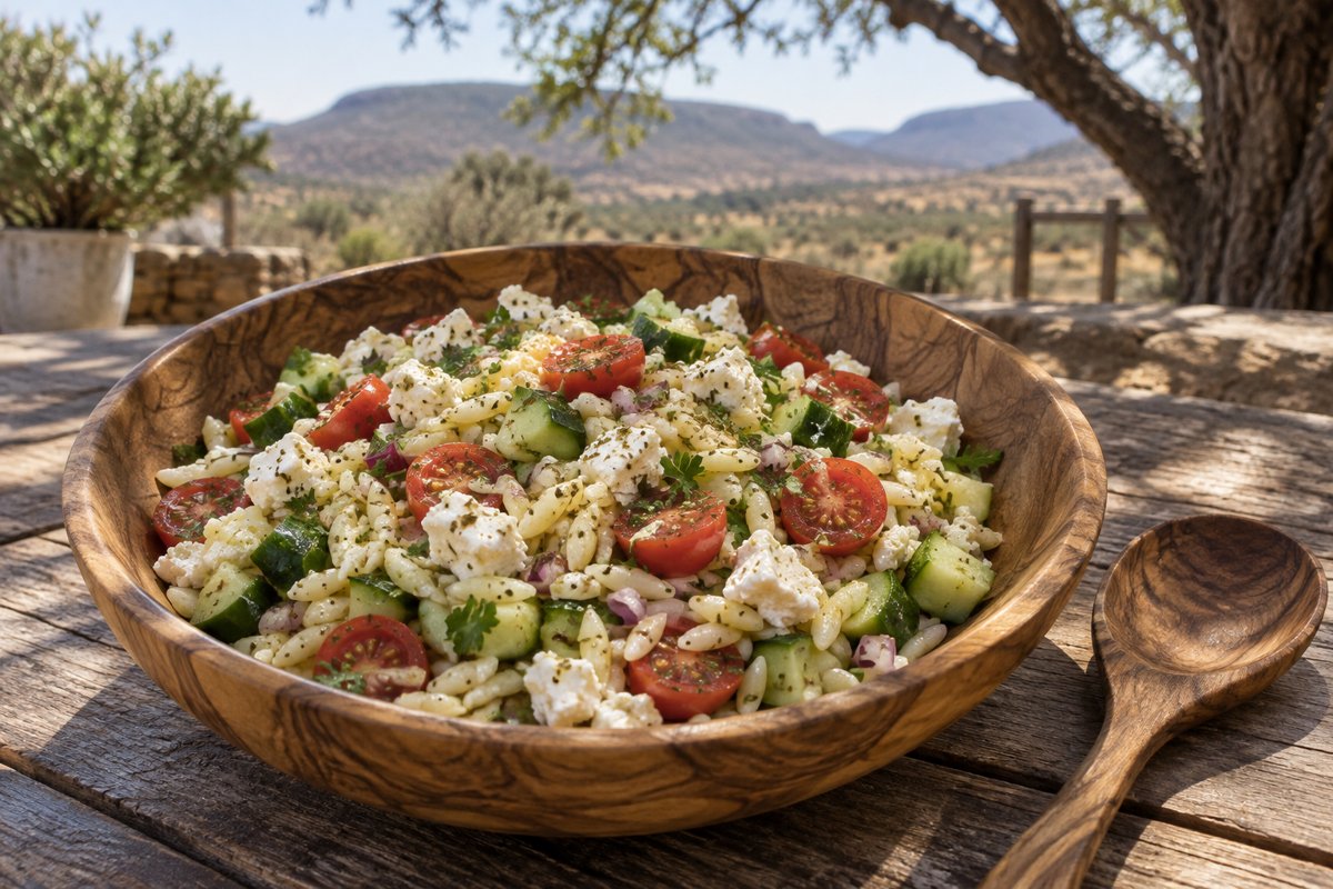 Orzo Salad – homemade traditional South African recipe, plated and ready to serve