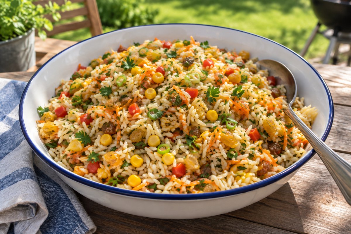 Rice Salad – homemade traditional South African recipe, plated and ready to serve
