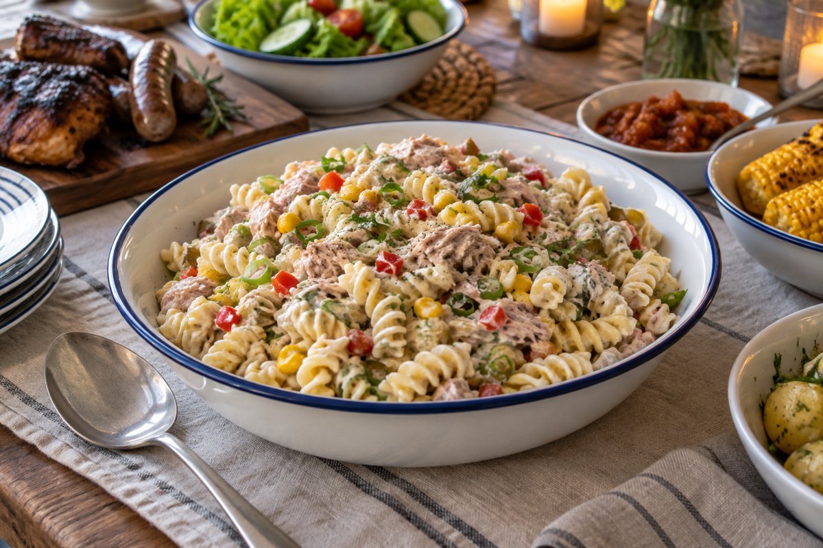 Tuna Pasta Salad – homemade traditional South African recipe, plated and ready to serve