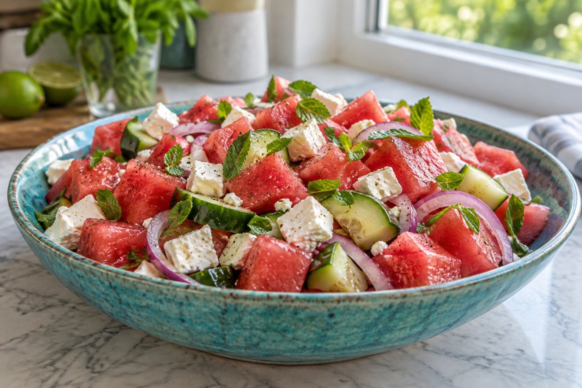 Watermelon & Feta Salad – homemade traditional South African recipe, plated and ready to serve